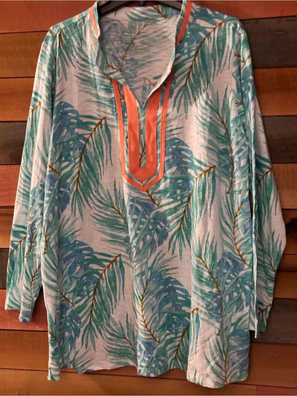 Belle by Kim Gravel Teal Palm Print Tunic with Coral Trim - Picture 3 of 3